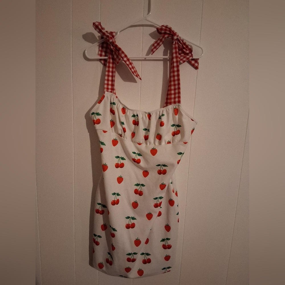 SHEIN White and Red Cherry Print Mini Dress